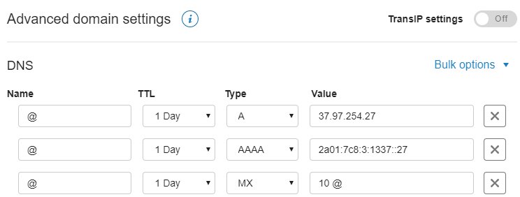 dns records in the control panel